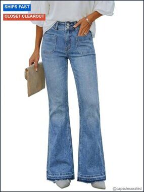 Women's High Waisted Flare Jeans Double Button Y2K Bell Bottom Patch Pockets